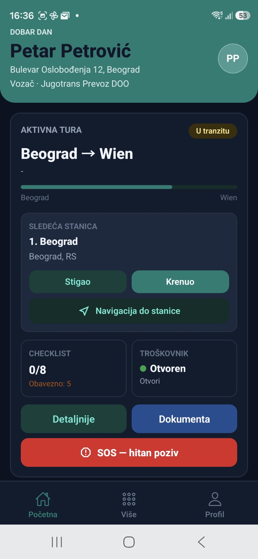 Početni ekran — aktivna tura